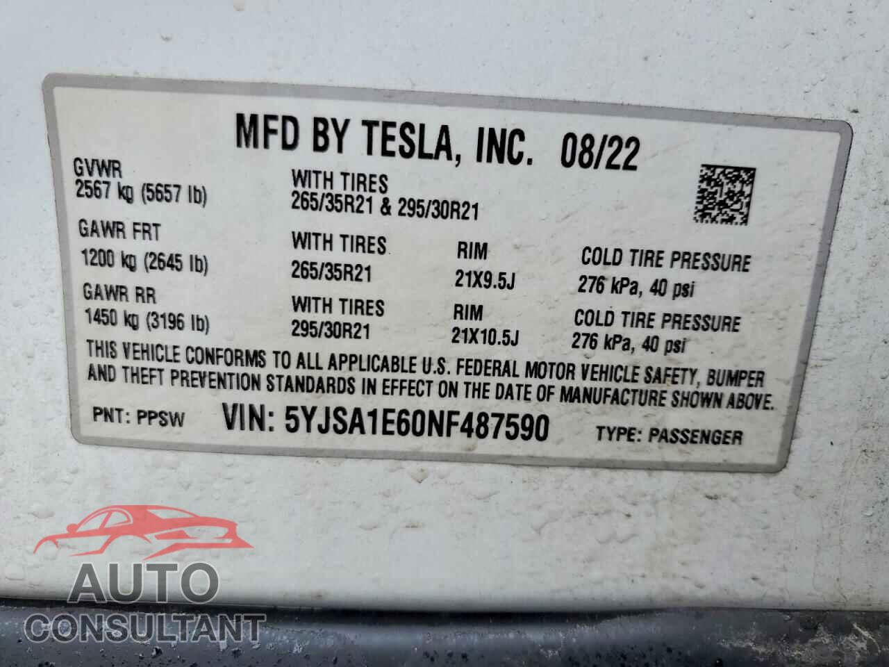 TESLA MODEL S 2022 - 5YJSA1E60NF487590