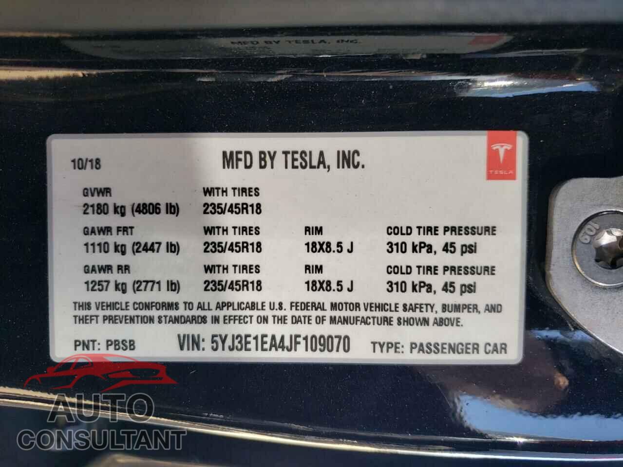 TESLA MODEL 3 2018 - 5YJ3E1EA4JF109070