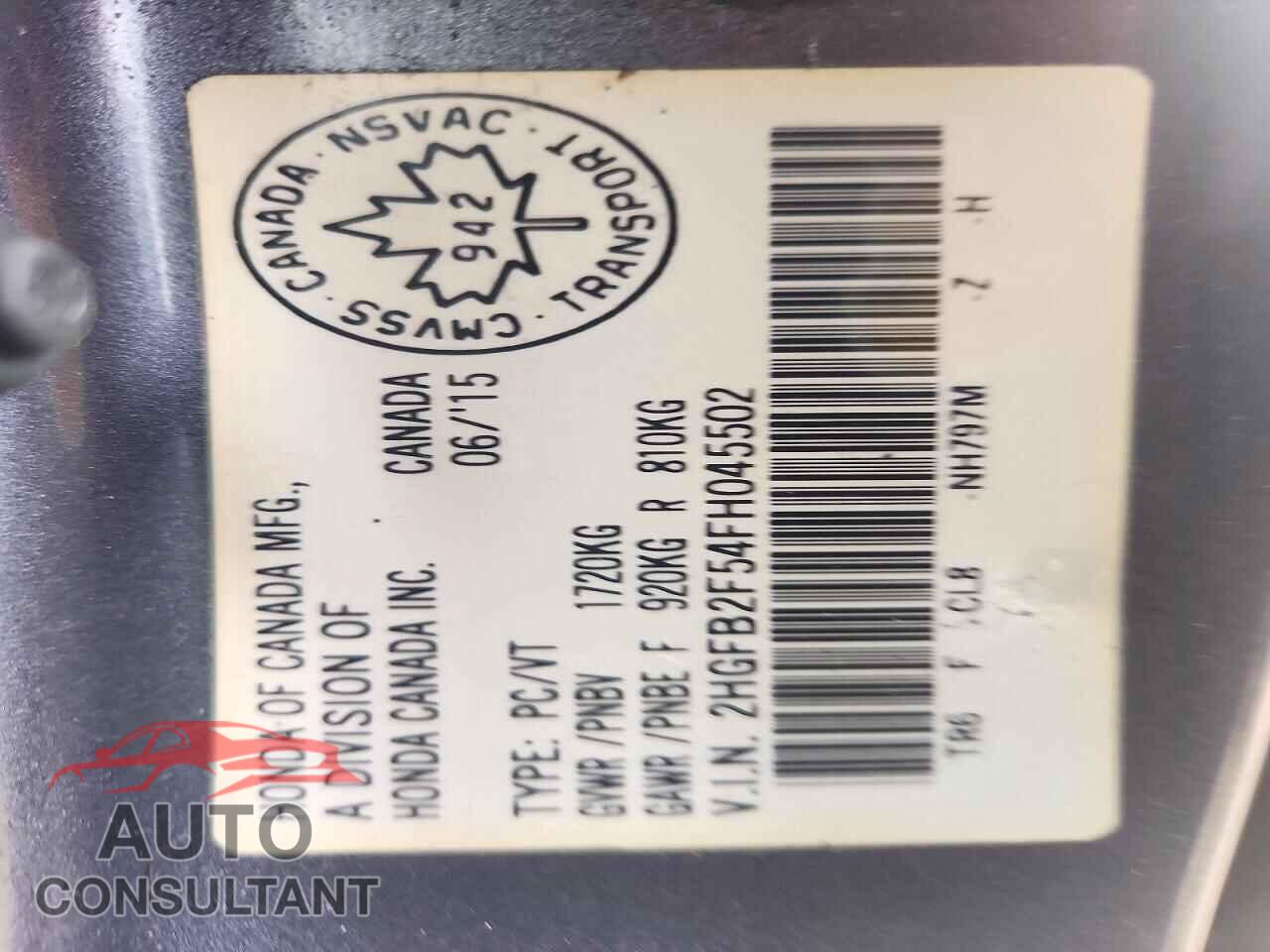 HONDA CIVIC 2015 - 2HGFB2F54FH045502