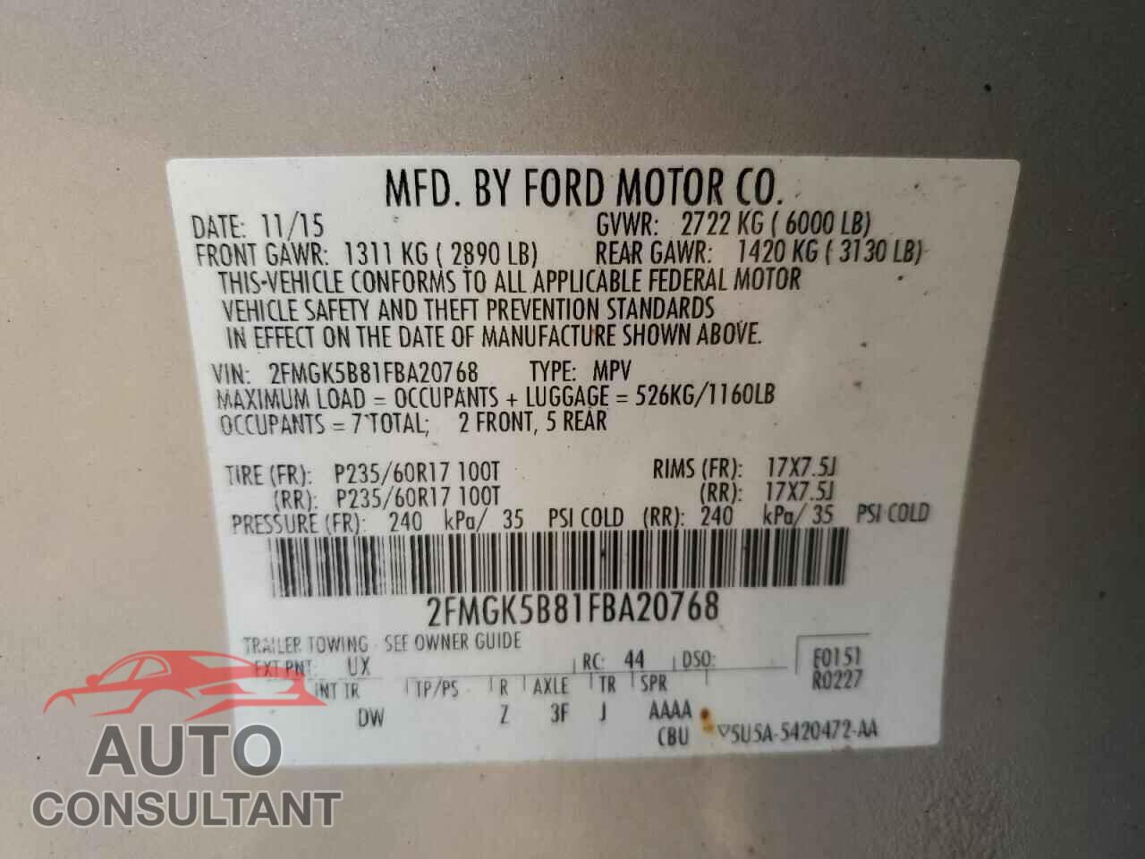 FORD FLEX 2015 - 2FMGK5B81FBA20768