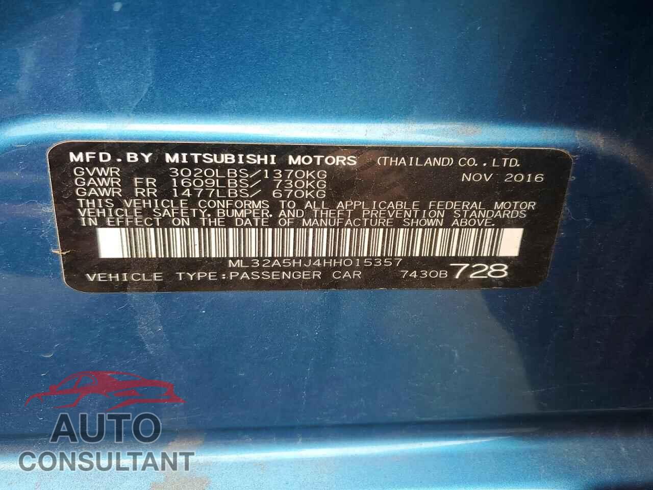 MITSUBISHI MIRAGE 2017 - ML32A5HJ4HH015357