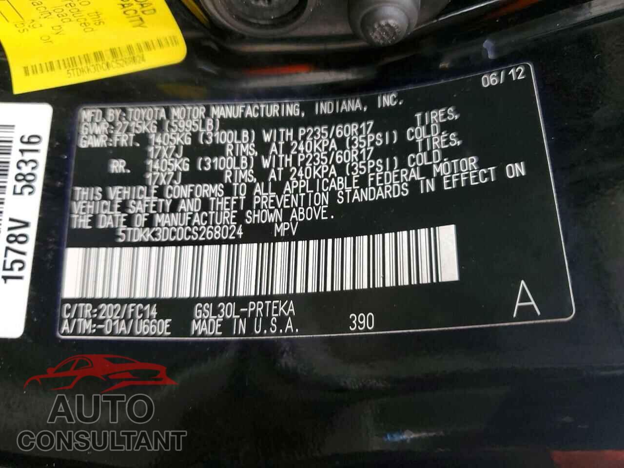 TOYOTA SIENNA 2012 - 5TDKK3DC0CS268024