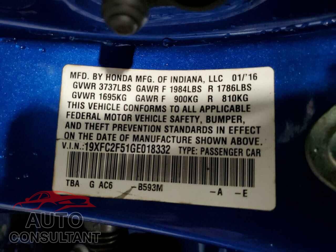 HONDA CIVIC 2016 - 19XFC2F51GE018332