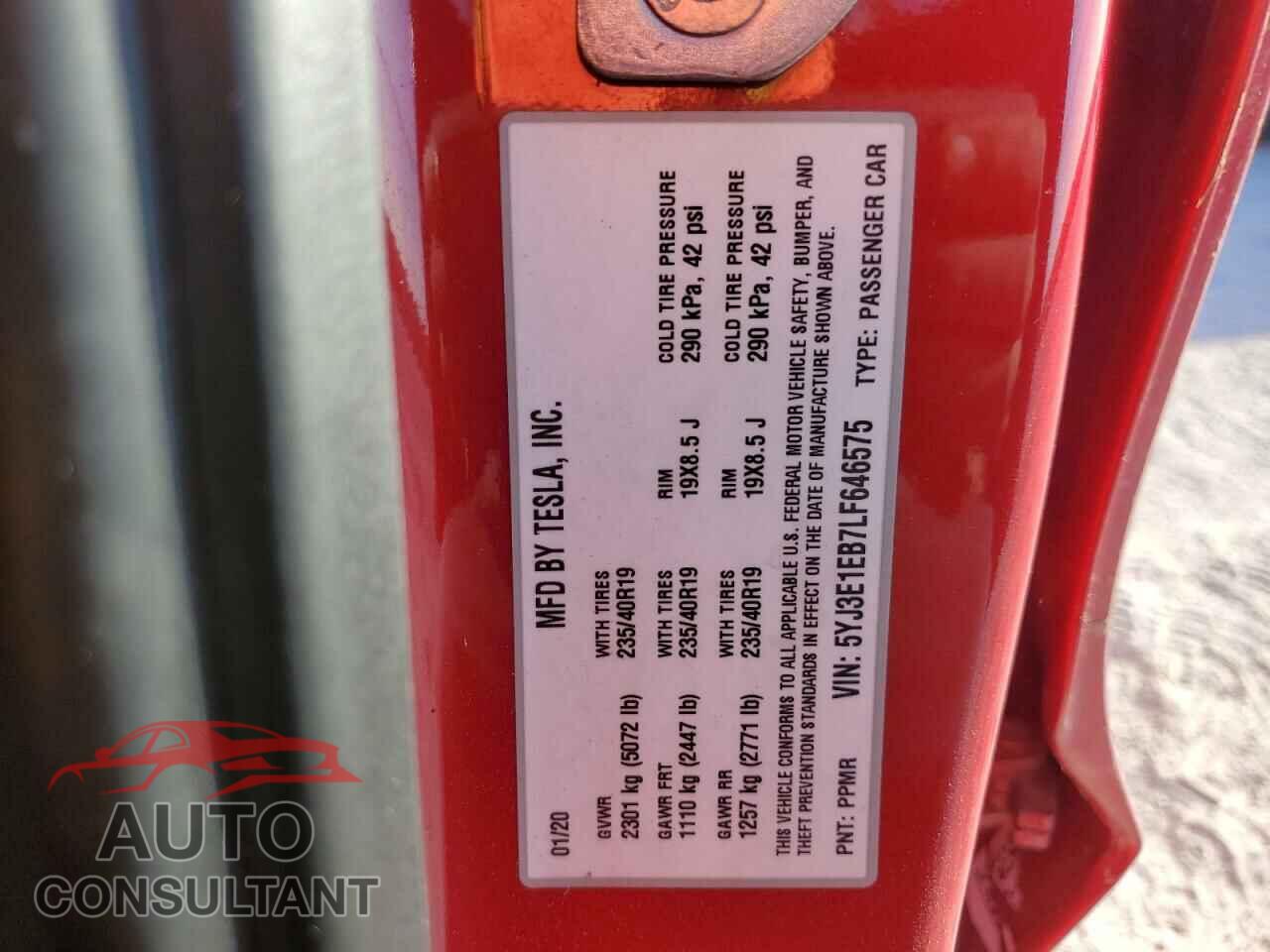 TESLA MODEL 3 2020 - 5YJ3E1EB7LF646575