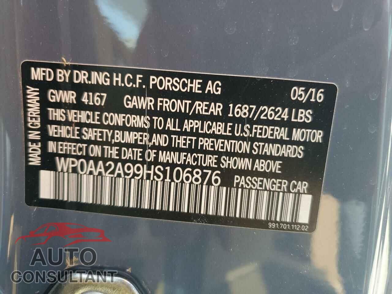 PORSCHE 911 2017 - WP0AA2A99HS106876