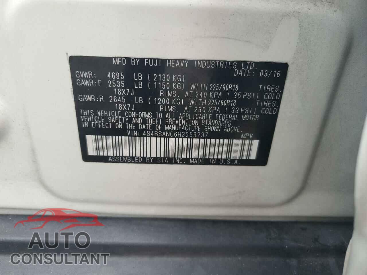 SUBARU OUTBACK 2017 - 4S4BSANC6H3259237