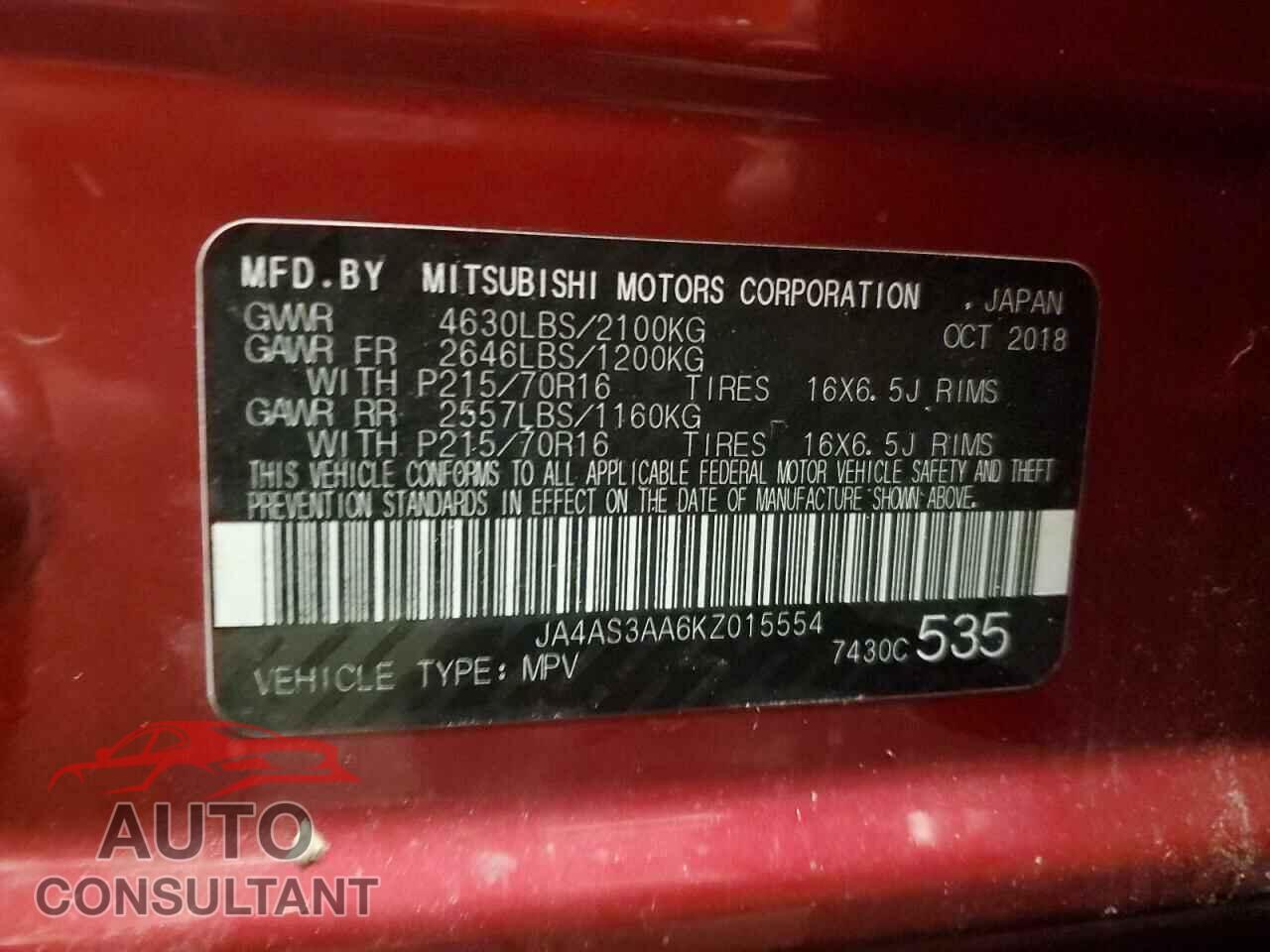 MITSUBISHI ECLIPSE 2019 - JA4AS3AA6KZ015554