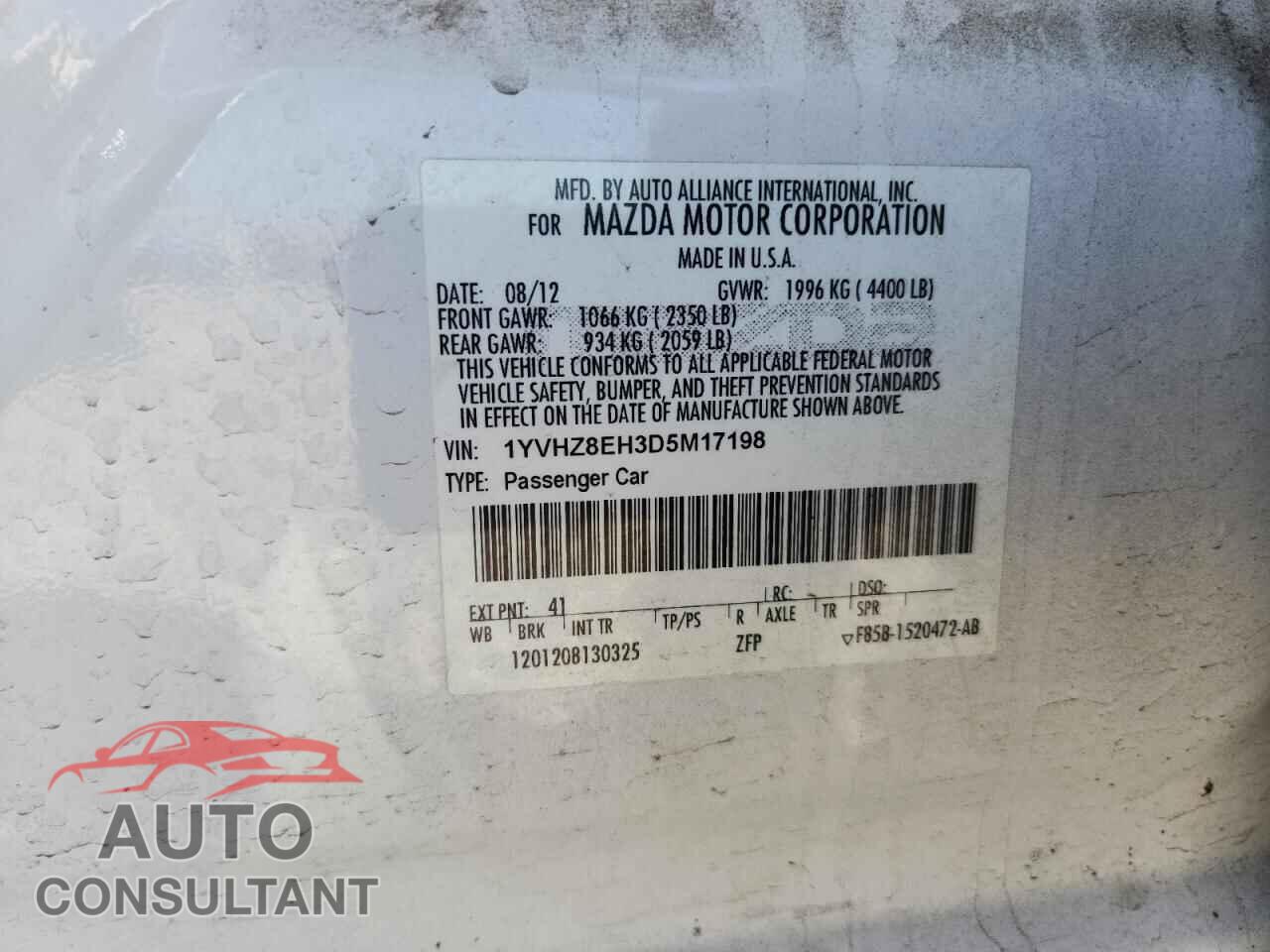 MAZDA 6 2013 - 1YVHZ8EH3D5M17198