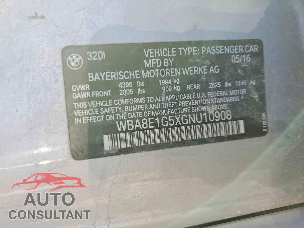 BMW 3 SERIES 2016 - WBA8E1G5XGNU10908