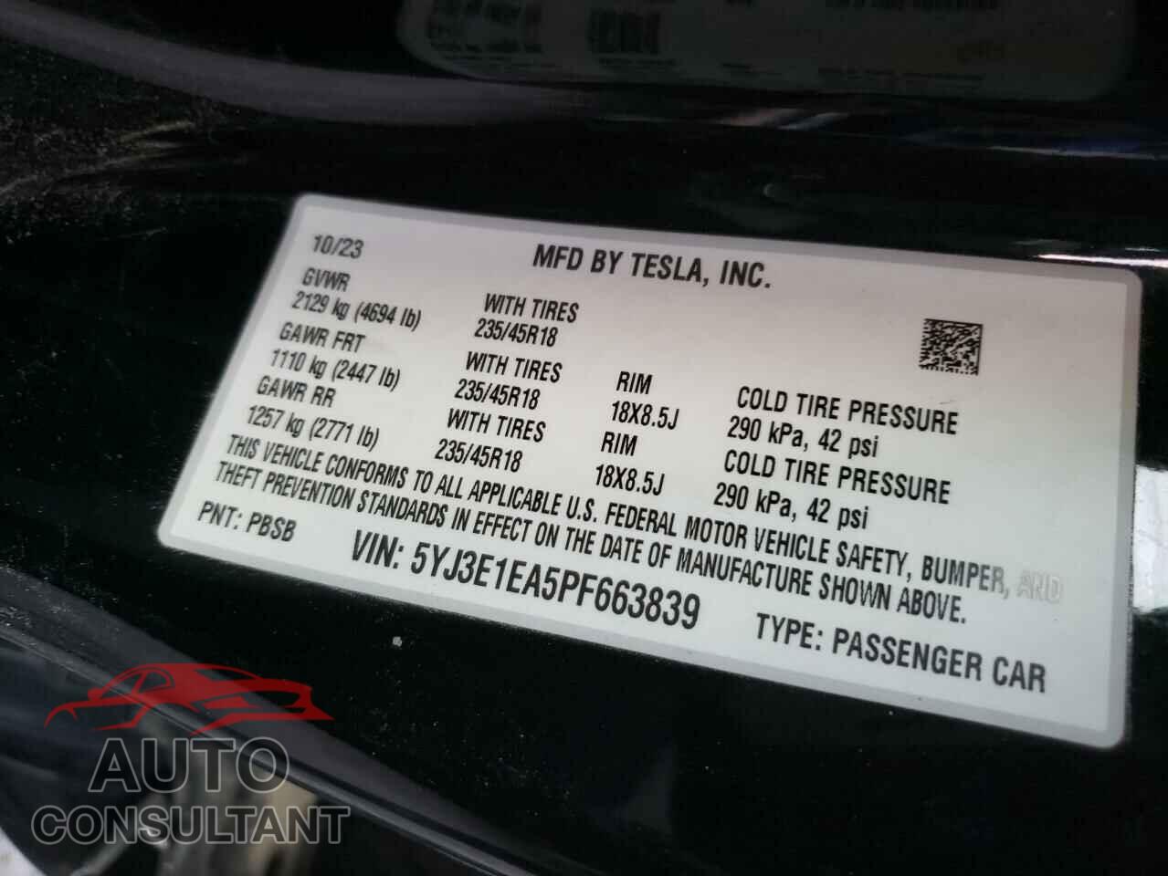 TESLA MODEL 3 2023 - 5YJ3E1EA5PF663839