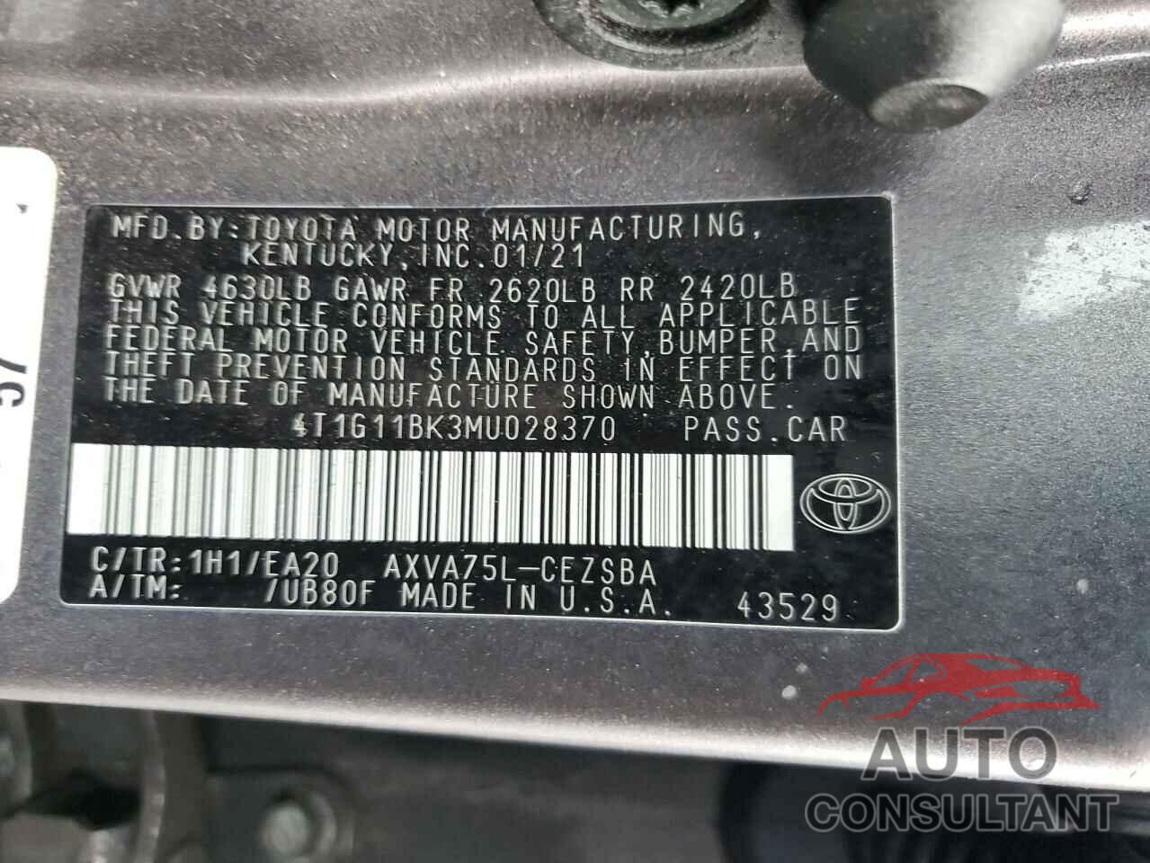 TOYOTA CAMRY 2021 - 4T1G11BK3MU028370