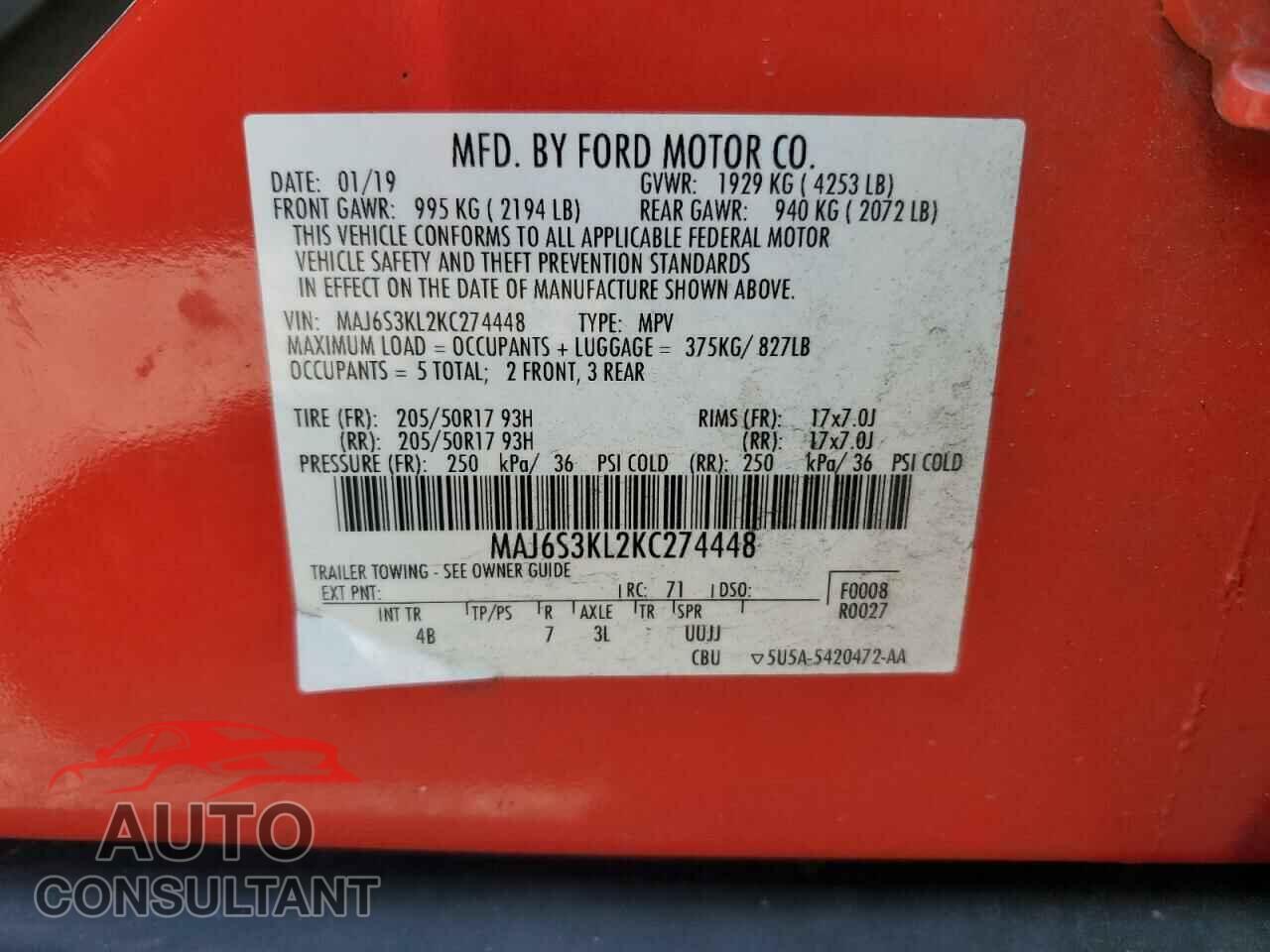 FORD ECOSPORT 2019 - MAJ6S3KL2KC274448