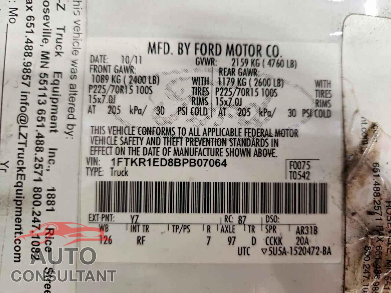 FORD RANGER 2011 - 1FTKR1ED8BPB07064