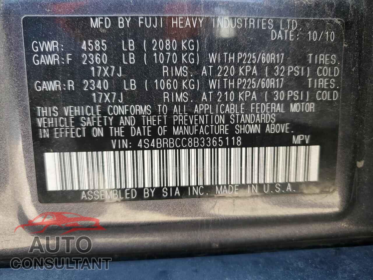 SUBARU OUTBACK 2011 - 4S4BRBCC8B3365118