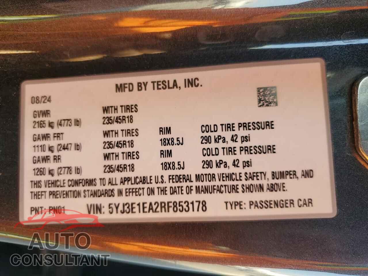 TESLA MODEL 3 2024 - 5YJ3E1EA2RF853178