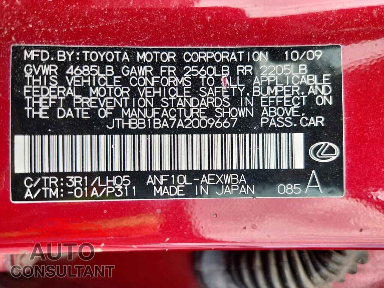 LEXUS HS 2010 - JTHBB1BA7A2009667