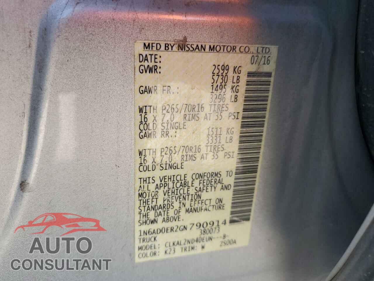 NISSAN FRONTIER 2016 - 1N6AD0ER2GN790914