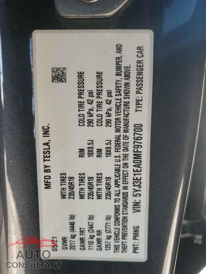 TESLA MODEL 3 2021 - 5YJ3E1EA0MF976700