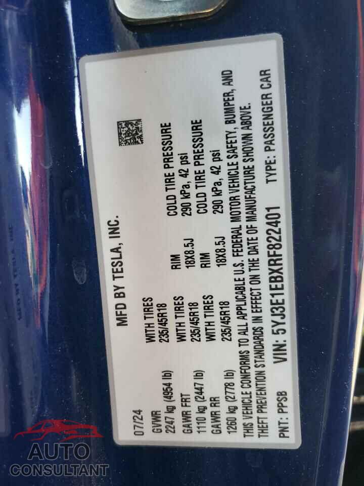 TESLA MODEL 3 2024 - 5YJ3E1EBXRF822401