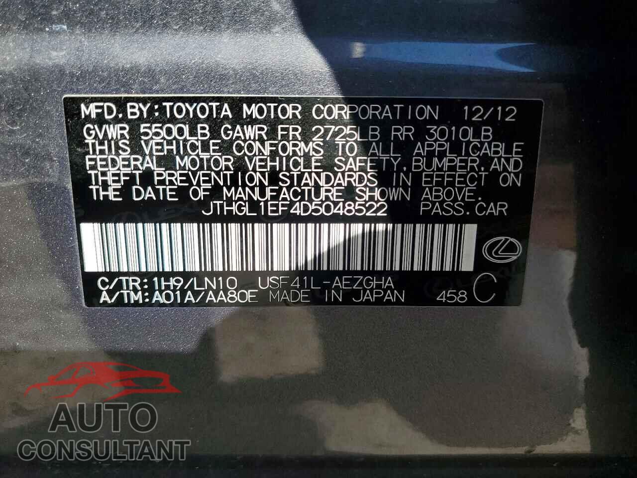 LEXUS LS 460 2013 - JTHGL1EF4D5048522