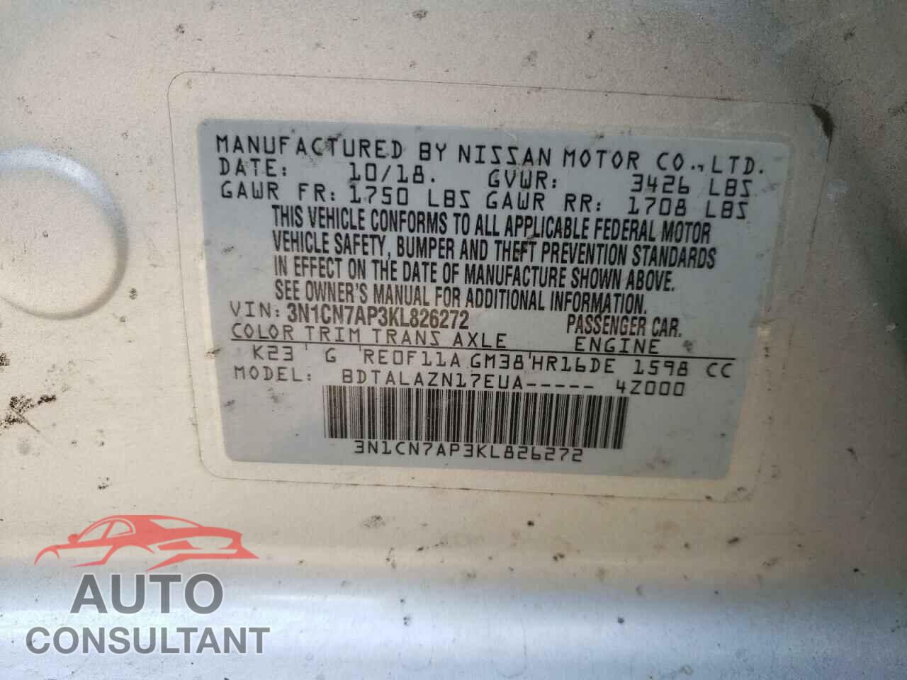 NISSAN VERSA 2019 - 3N1CN7AP3KL826272
