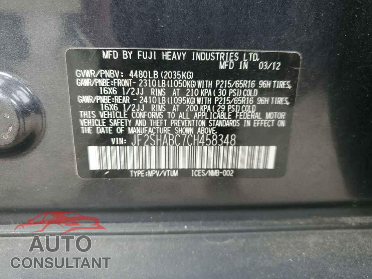 SUBARU FORESTER 2012 - JF2SHABC7CH458348