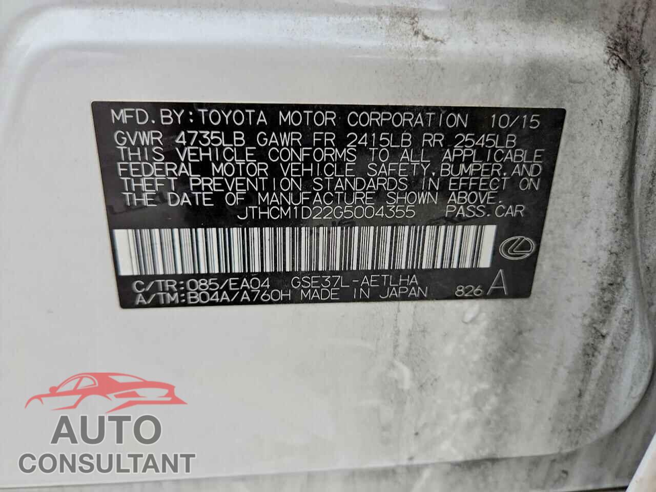 LEXUS IS 2016 - JTHCM1D22G5004355