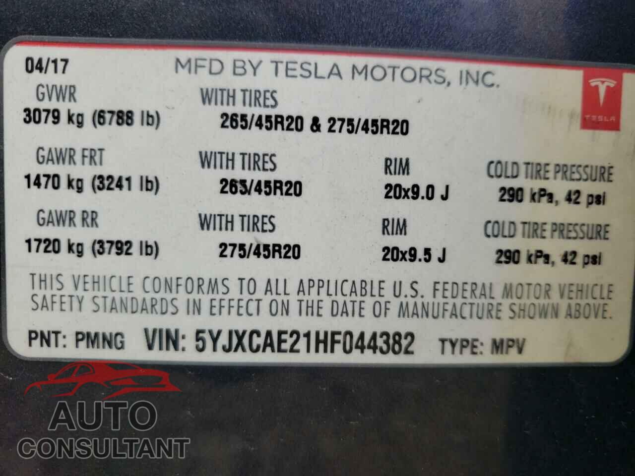 TESLA MODEL X 2017 - 5YJXCAE21HF044382