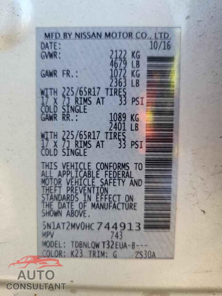 NISSAN ROGUE 2017 - 5N1AT2MV0HC744913