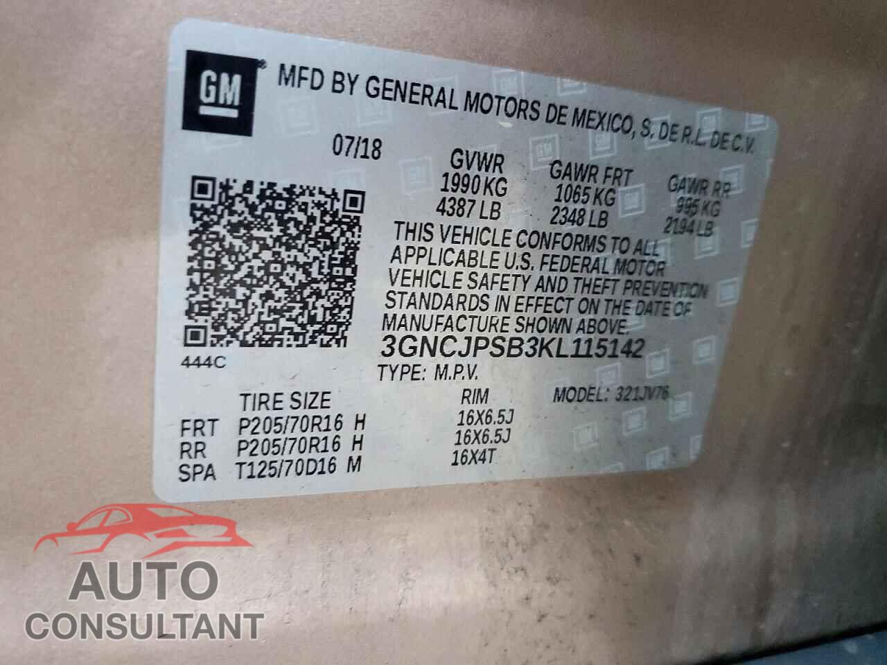 CHEVROLET TRAX 2019 - 3GNCJPSB3KL115142