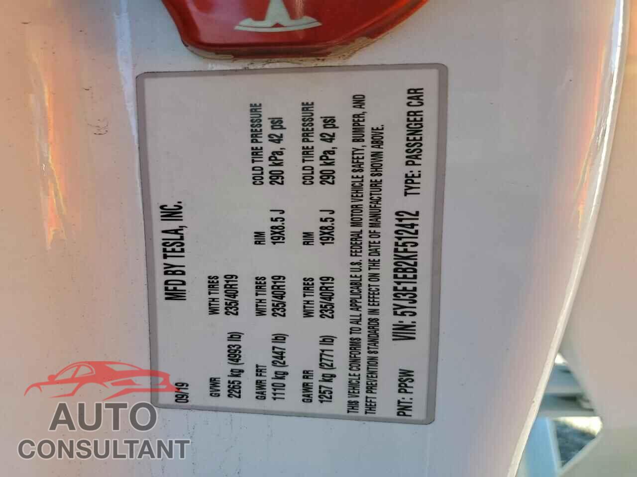 TESLA MODEL 3 2019 - 5YJ3E1EB2KF512412
