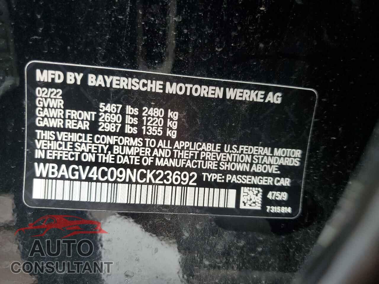 BMW 8 SERIES 2022 - WBAGV4C09NCK23692