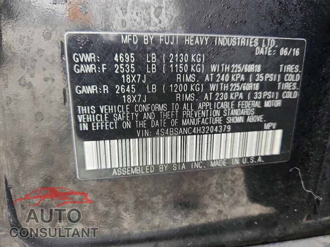 SUBARU OUTBACK 2017 - 4S4BSANC4H3204379