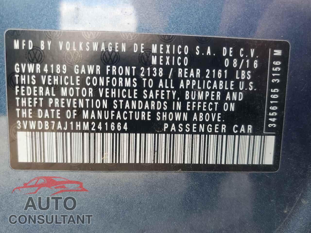 VOLKSWAGEN JETTA 2017 - 3VWDB7AJ1HM241664