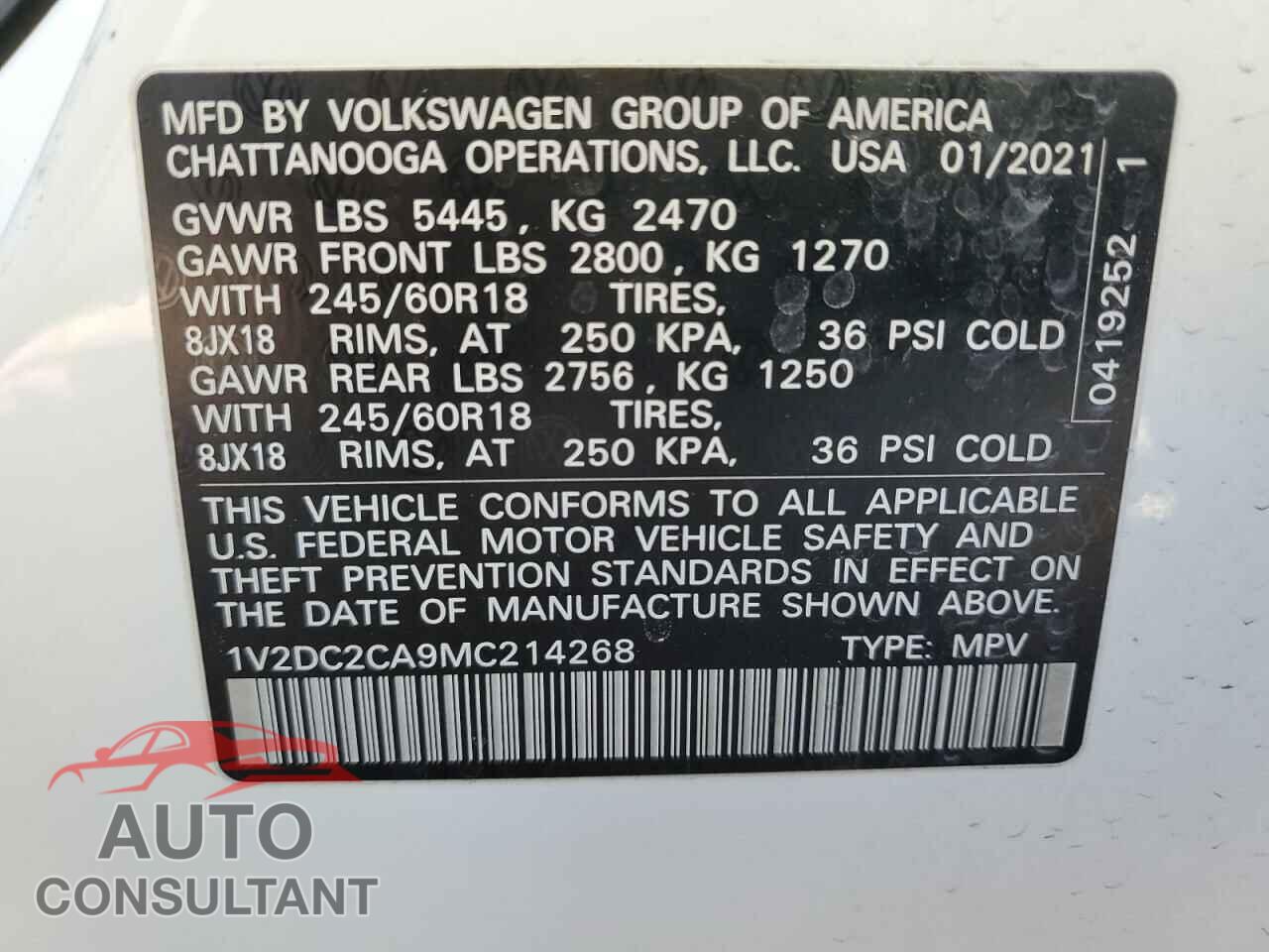 VOLKSWAGEN ATLAS 2021 - 1V2DC2CA9MC214268