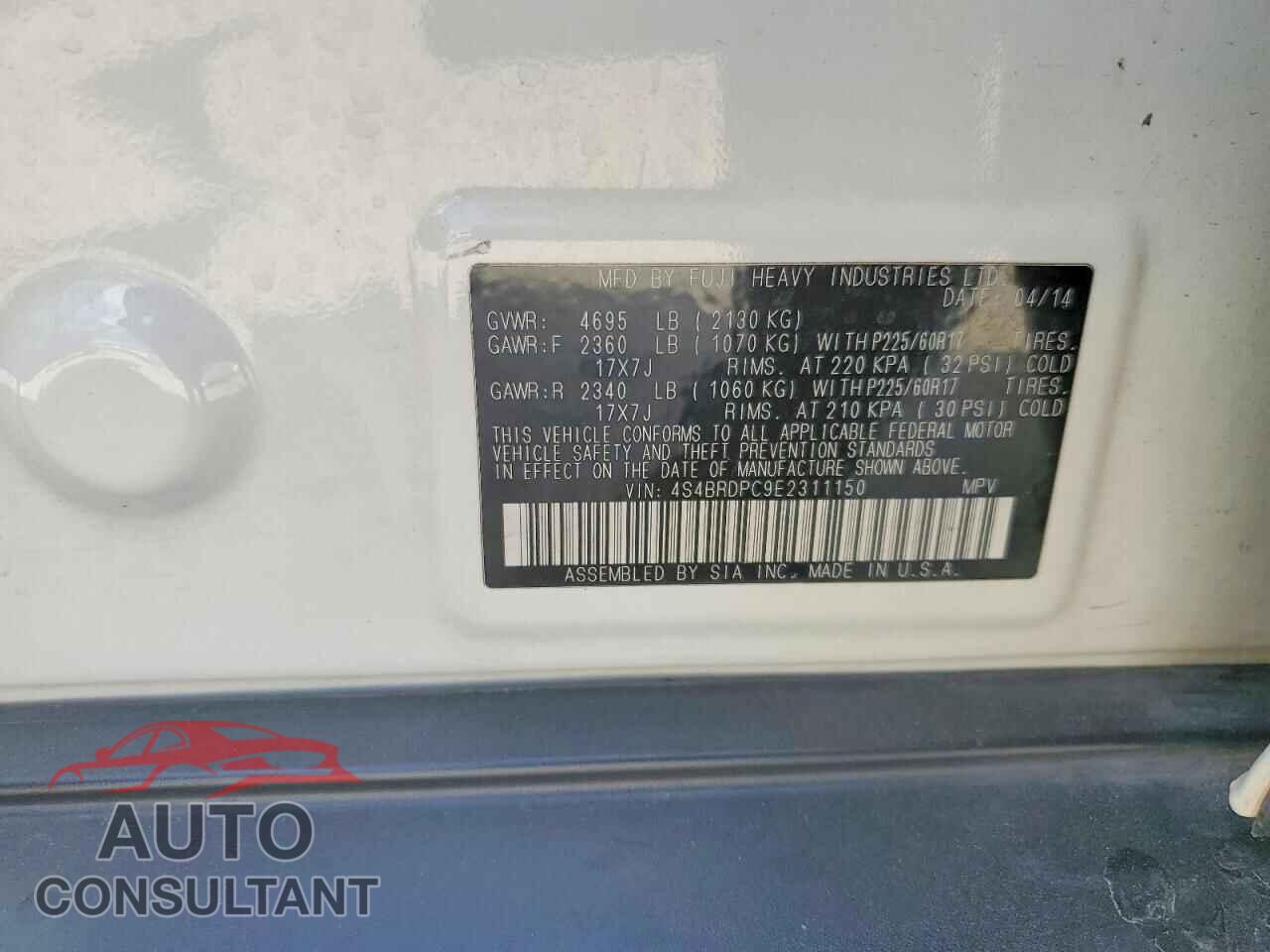SUBARU OUTBACK 2014 - 4S4BRDPC9E2311150