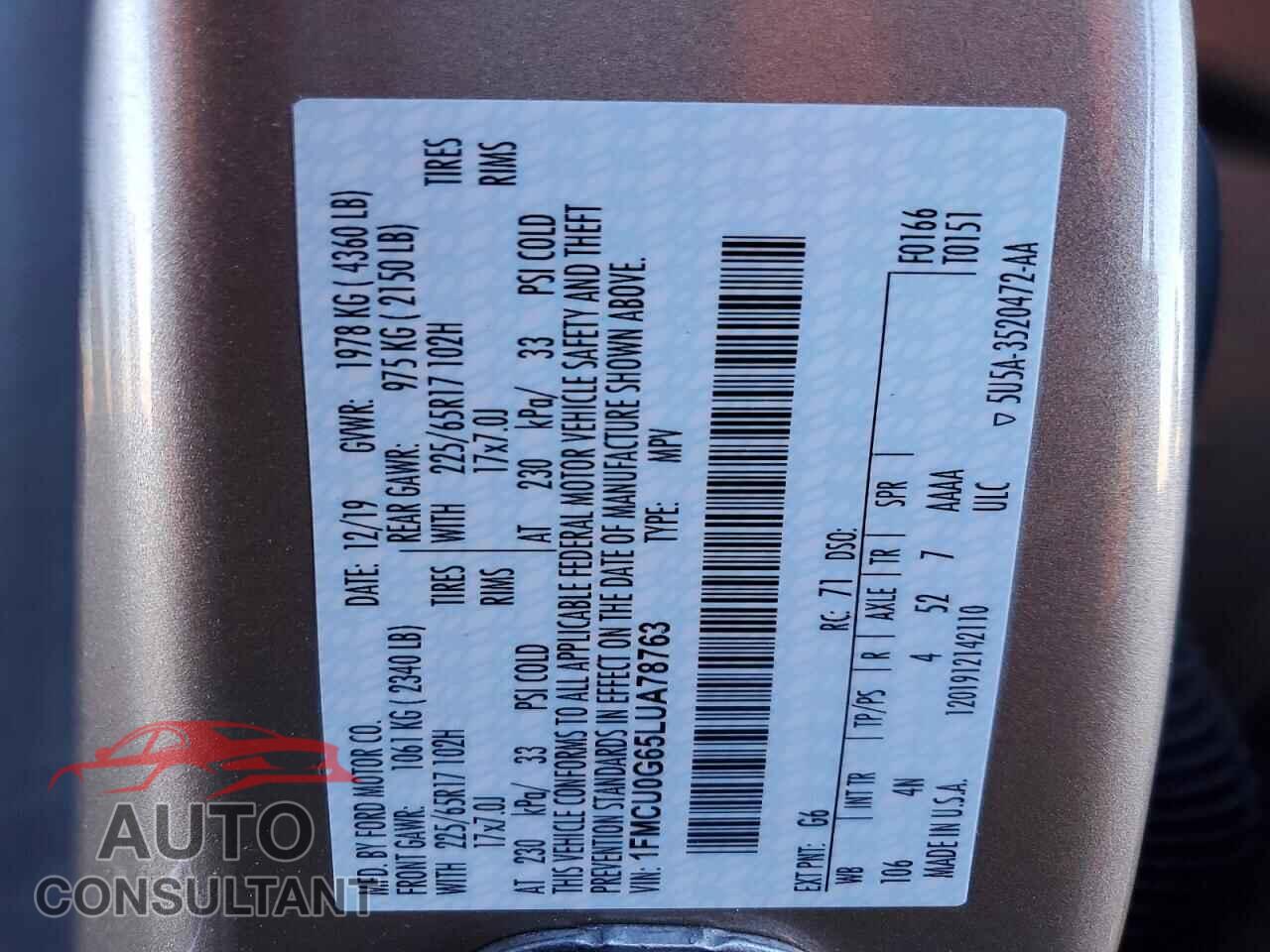 FORD ESCAPE 2020 - 1FMCU0G65LUA78763