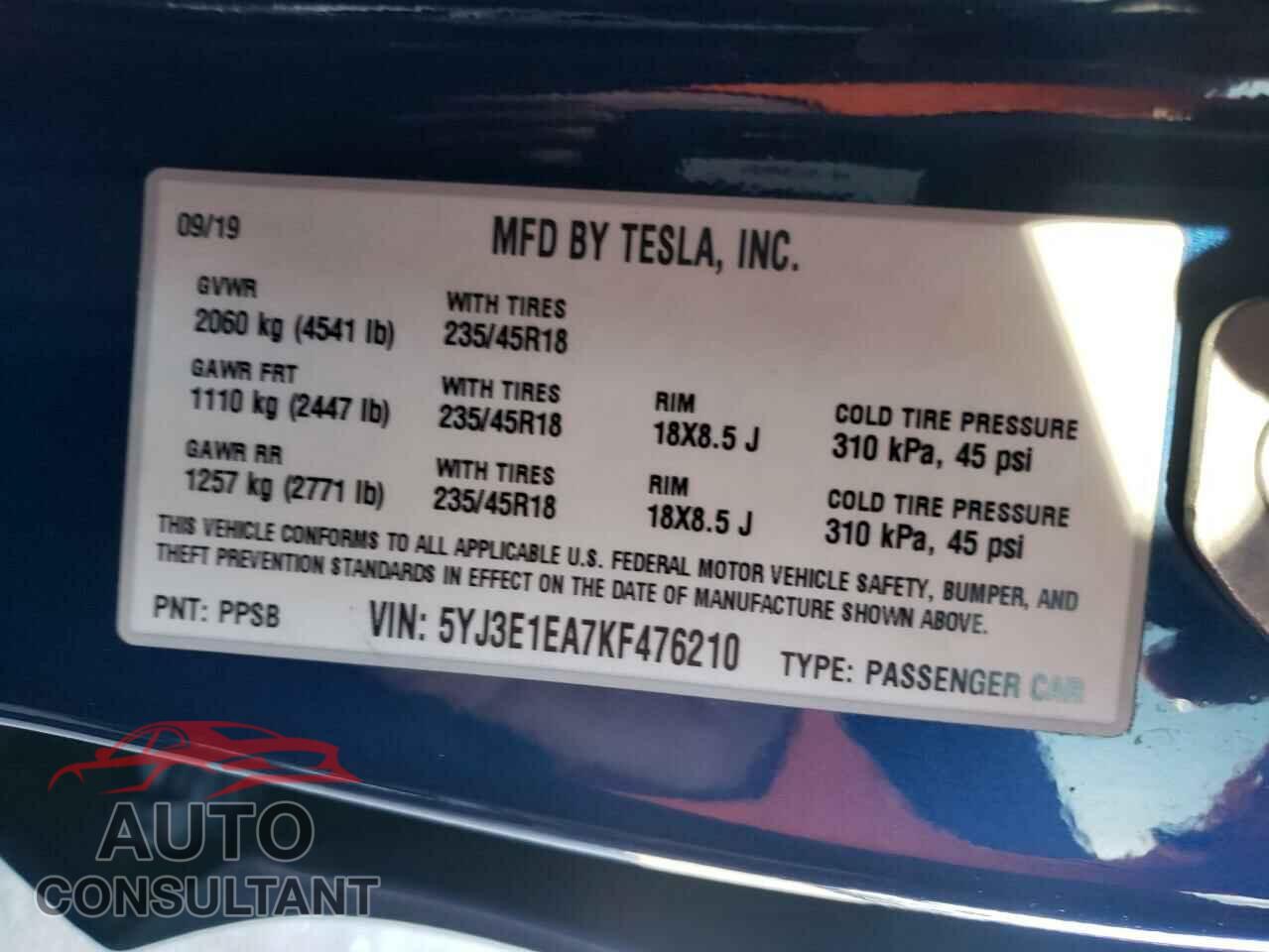 TESLA MODEL 3 2019 - 5YJ3E1EA7KF476210