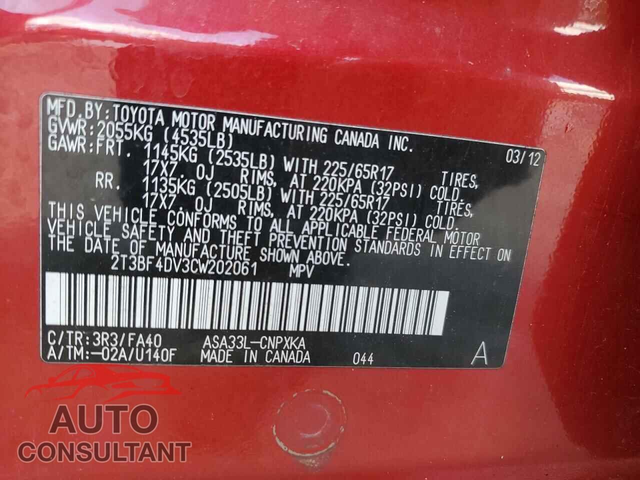 TOYOTA RAV4 2012 - 2T3BF4DV3CW202061