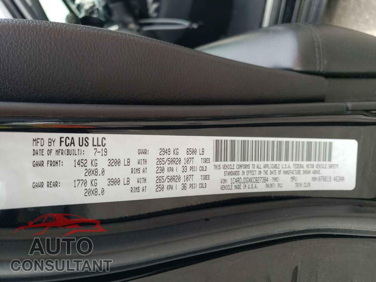 DODGE DURANGO 2019 - 1C4RDJDGXKC827384