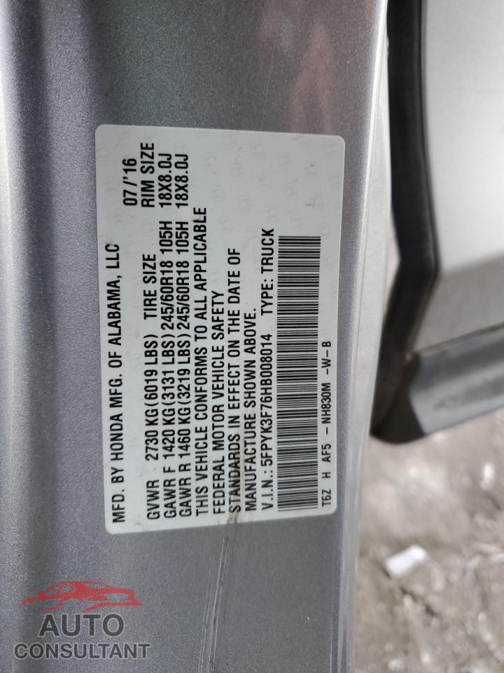HONDA RIDGELINE 2017 - 5FPYK3F76HB008014
