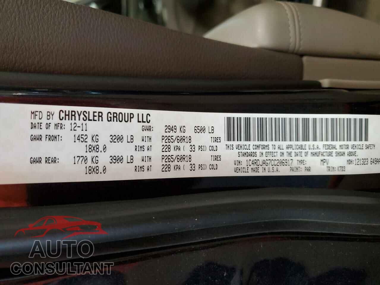 DODGE DURANGO 2012 - 1C4RDJAG7CC206917