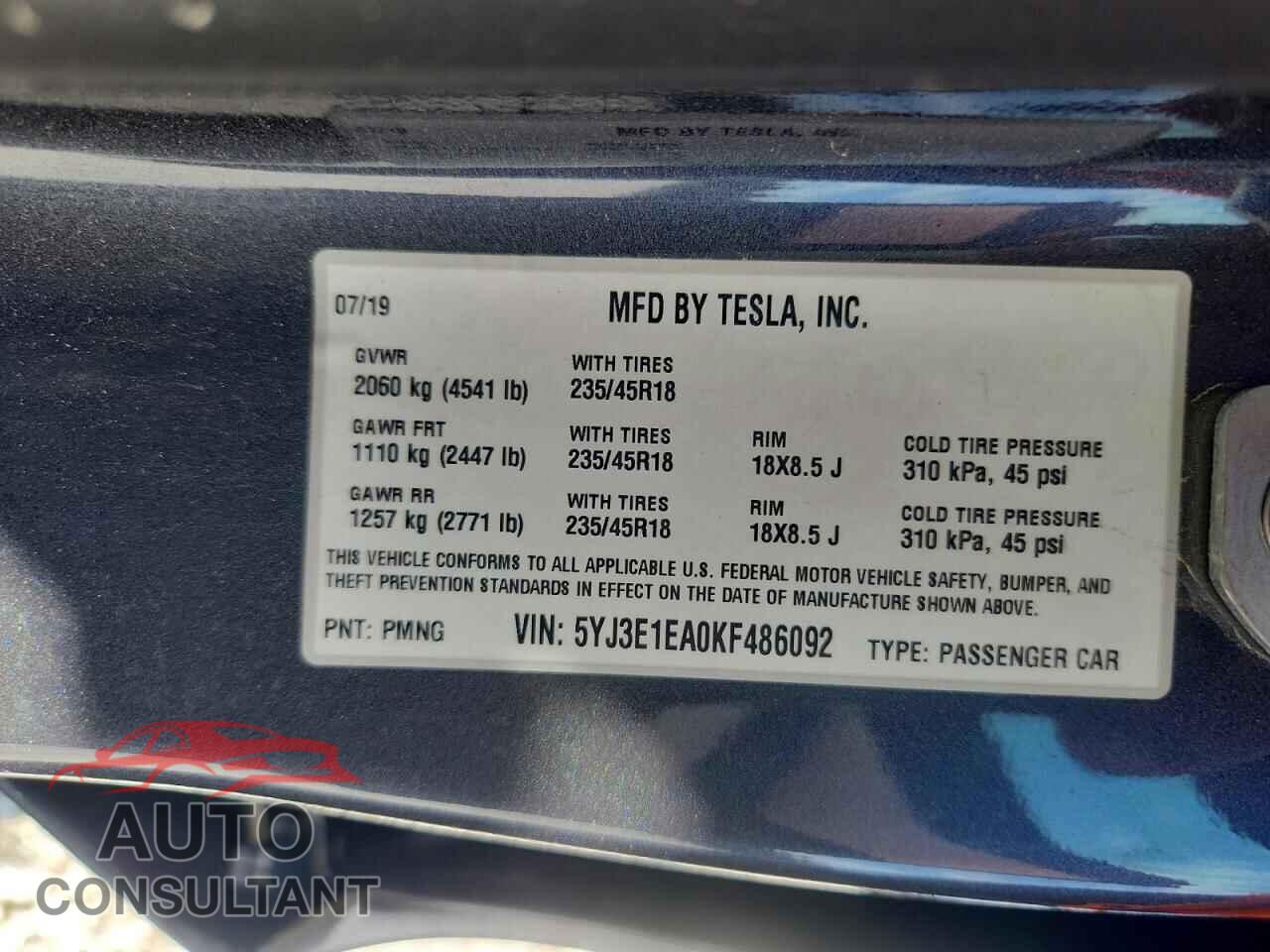 TESLA MODEL 3 2019 - 5YJ3E1EA0KF486092