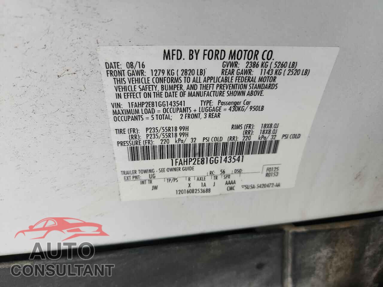 FORD TAURUS 2016 - 1FAHP2E81GG143541