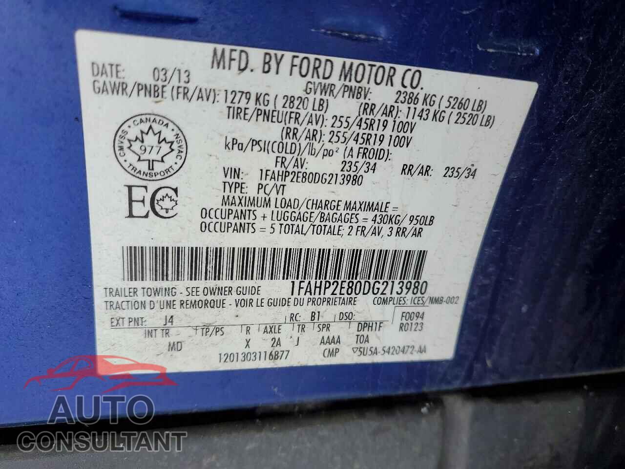 FORD TAURUS 2013 - 1FAHP2E80DG213980