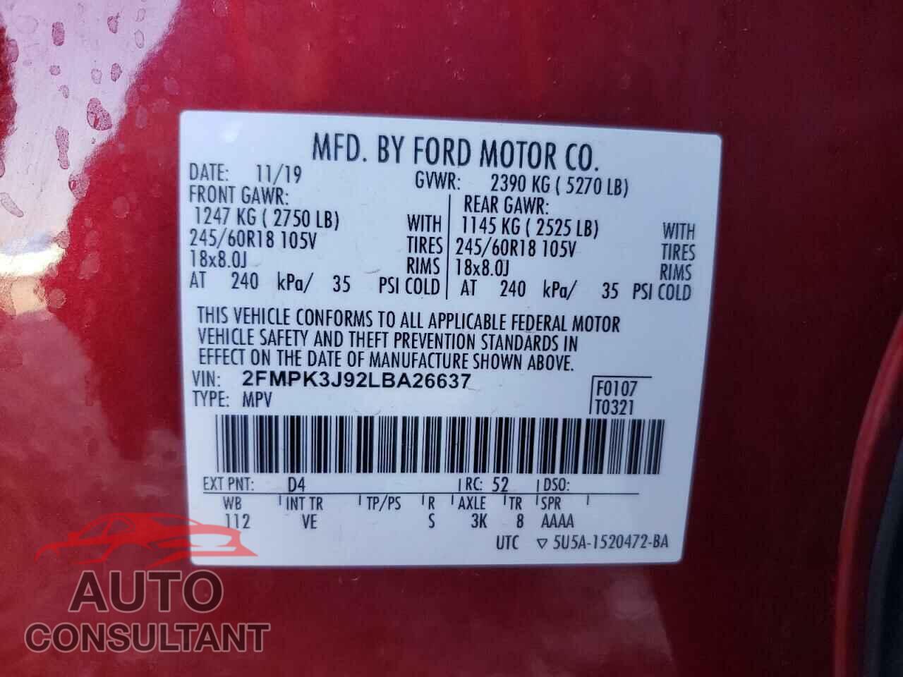 FORD EDGE 2020 - 2FMPK3J92LBA26637