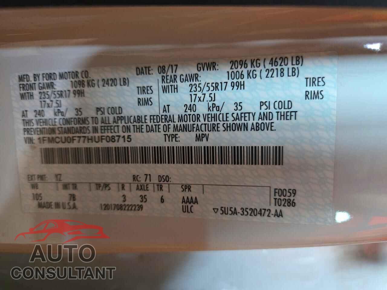 FORD ESCAPE 2017 - 1FMCU0F77HUF08715