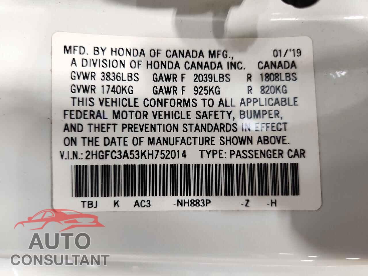 HONDA CIVIC 2019 - 2HGFC3A53KH752014