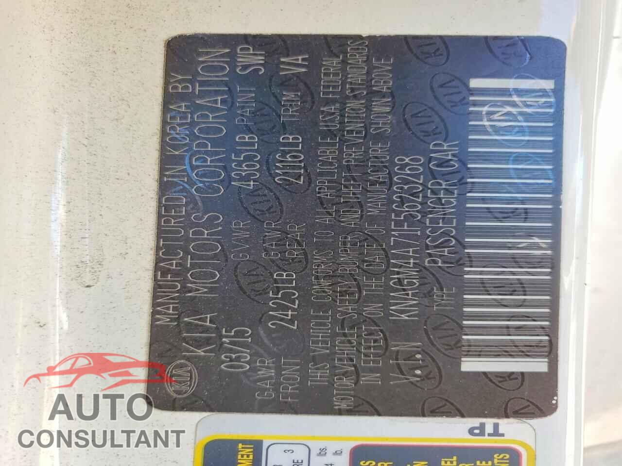 KIA OPTIMA 2015 - KNAGM4A71F5623268