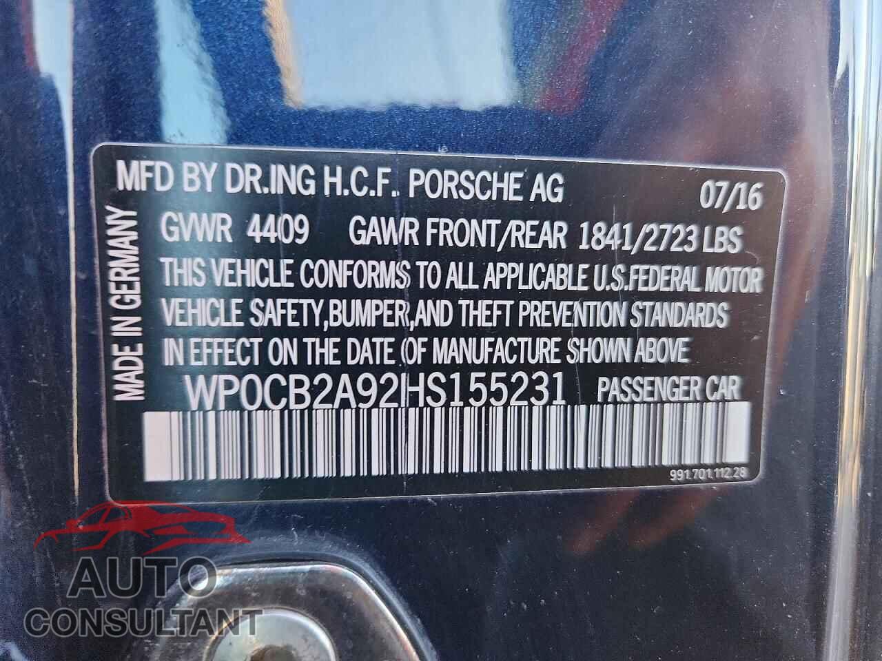 PORSCHE 911 2017 - WP0CB2A92HS155231